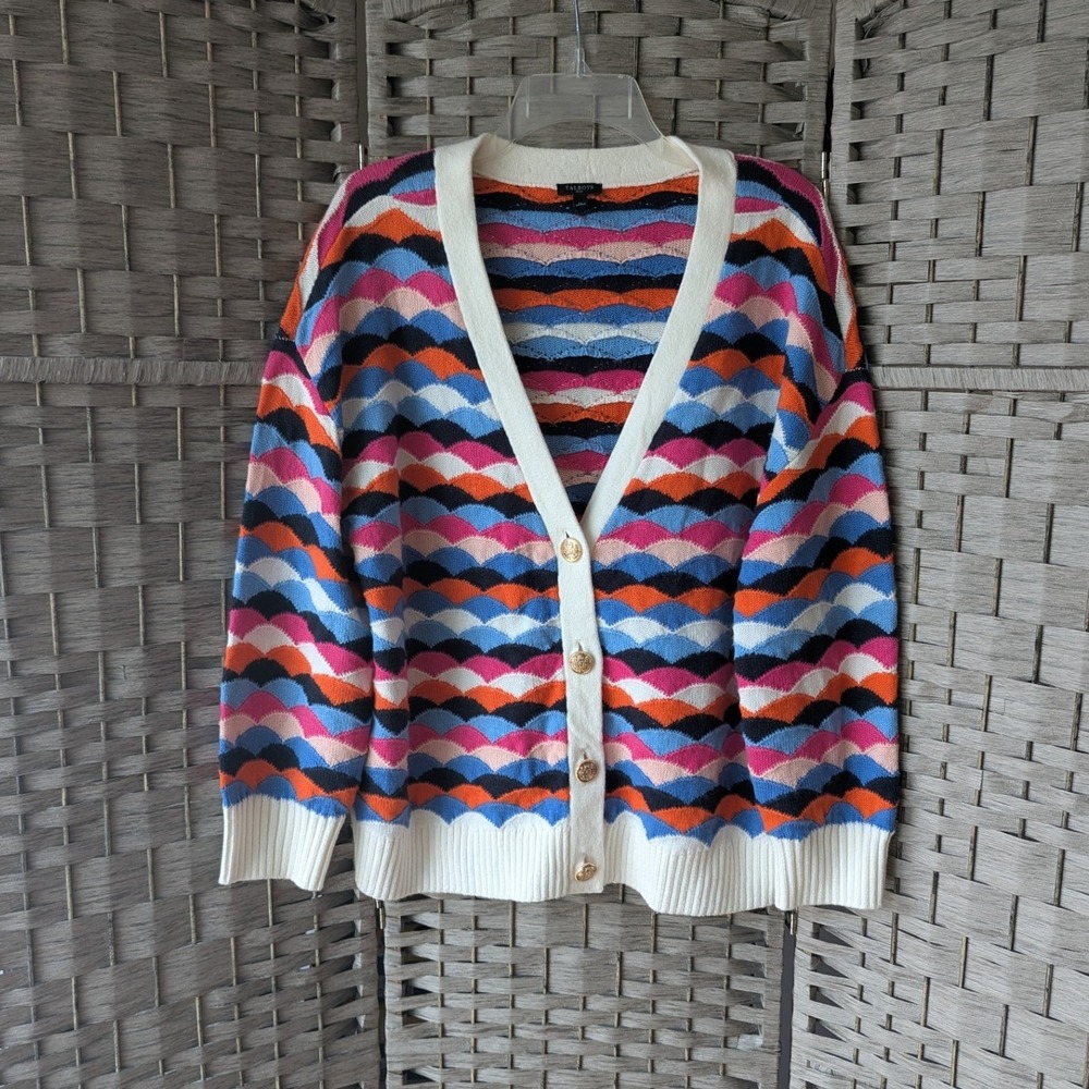 Talbots V Neck Cardigan Multicolor Scallop Wave Knit Gold Button Sz 1X‎ Office